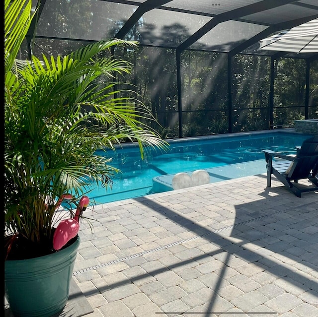 view of pool featuring a lanai and a patio area