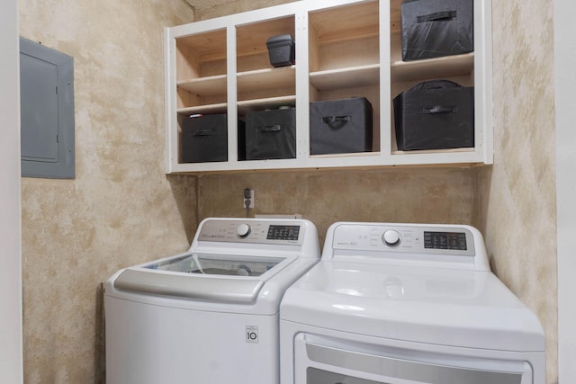 laundry room with electric panel and washer and dryer