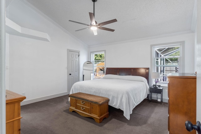 carpeted bedroom with crown molding, ceiling fan, vaulted ceiling, and a textured ceiling