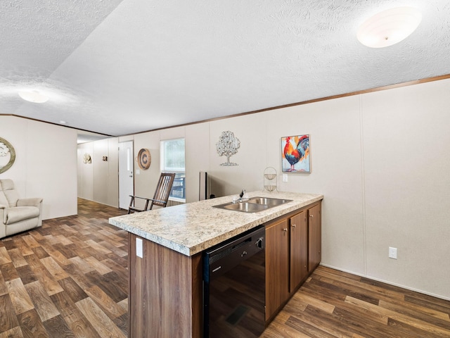 kitchen with sink, dark wood-type flooring, black dishwasher, a textured ceiling, and kitchen peninsula