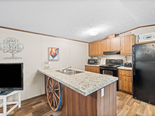 kitchen with lofted ceiling, sink, black appliances, and light hardwood / wood-style floors