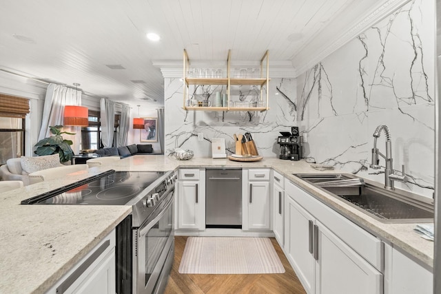 kitchen with sink, white cabinetry, wooden ceiling, electric stove, and decorative backsplash