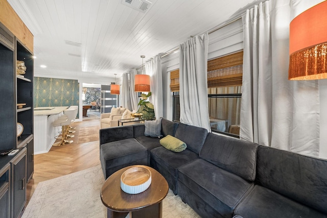 living room featuring wood ceiling and light parquet flooring