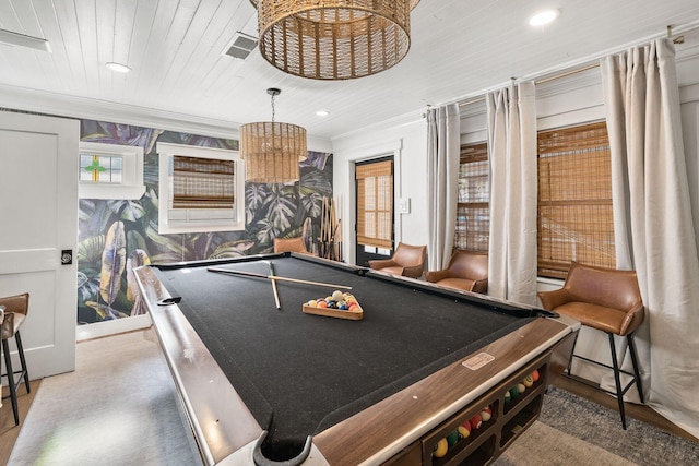 playroom featuring pool table, wood ceiling, and ornamental molding