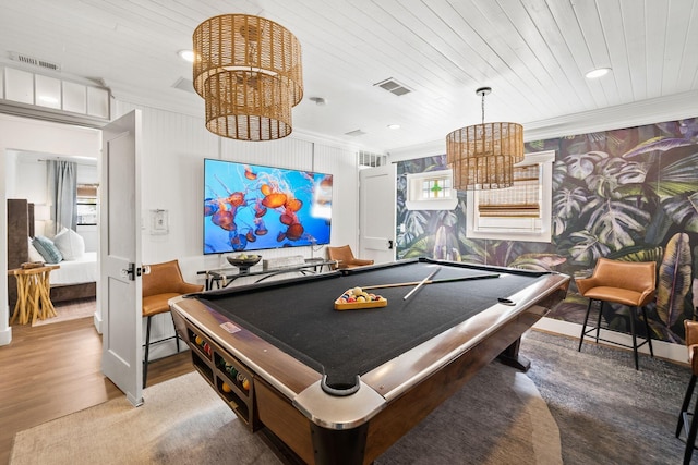 recreation room featuring crown molding, pool table, wood-type flooring, a chandelier, and wooden ceiling