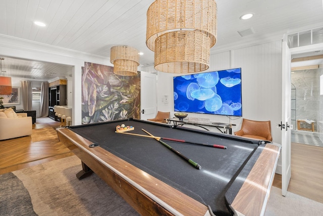 game room featuring parquet floors, pool table, crown molding, and wooden ceiling