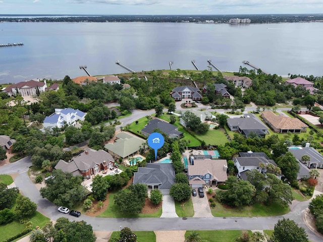 drone / aerial view featuring a water view