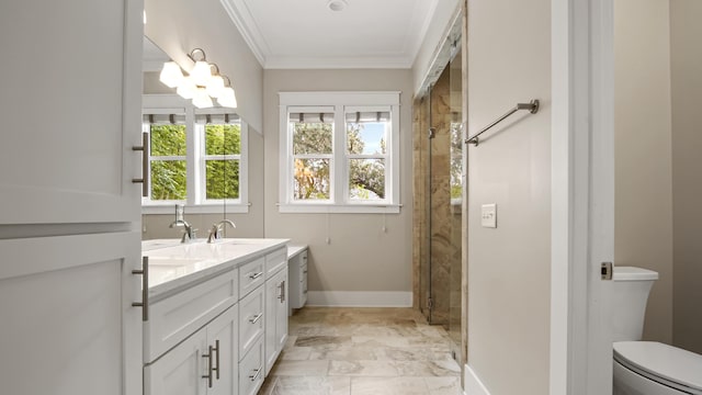 bathroom featuring vanity, crown molding, toilet, and tiled shower