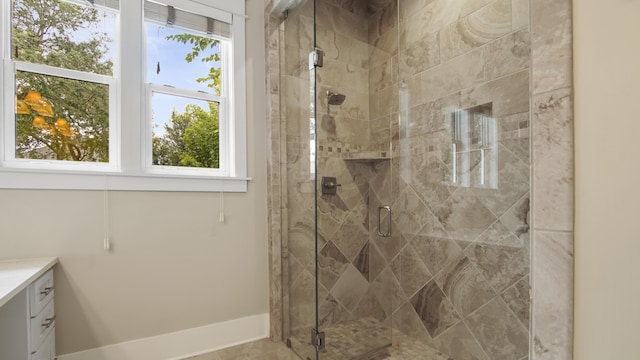 bathroom featuring vanity and walk in shower