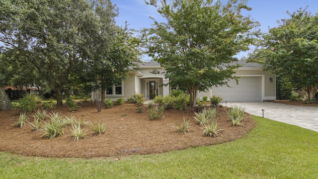 view of front of property featuring a garage and a front lawn