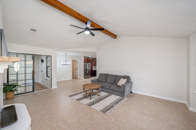 living room featuring lofted ceiling with beams, ceiling fan with notable chandelier, visible vents, and baseboards