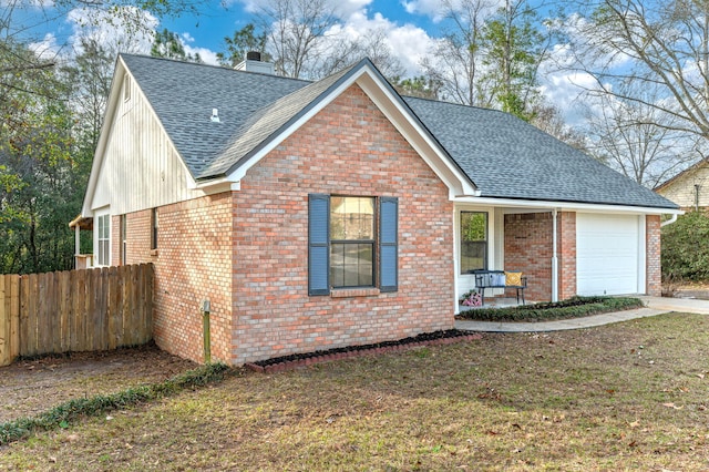 view of front of home featuring a garage, brick siding, fence, and roof with shingles