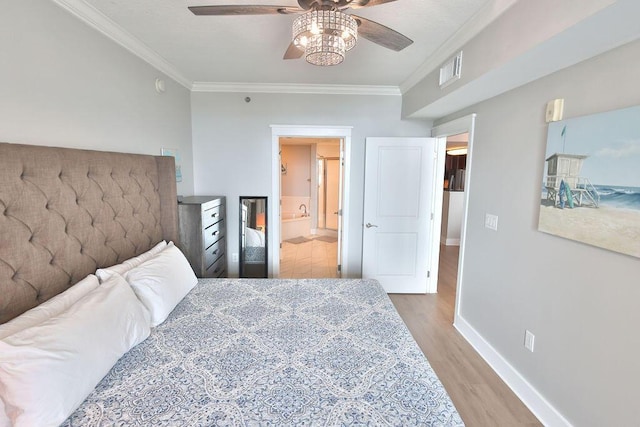 bedroom featuring crown molding, ceiling fan, connected bathroom, and hardwood / wood-style flooring