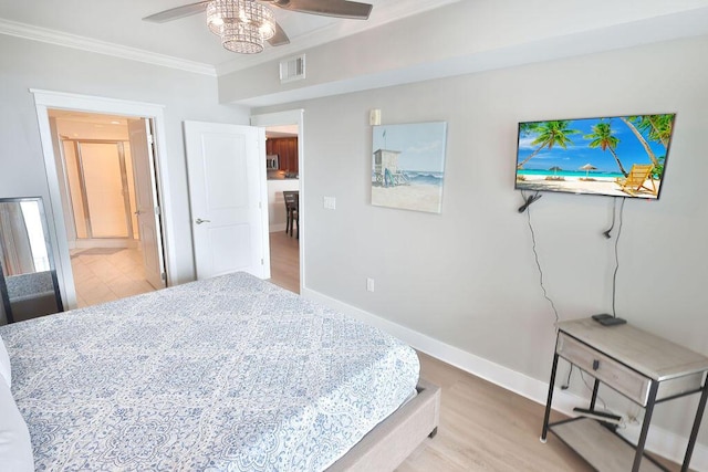 bedroom with ornamental molding, wood-type flooring, and ceiling fan