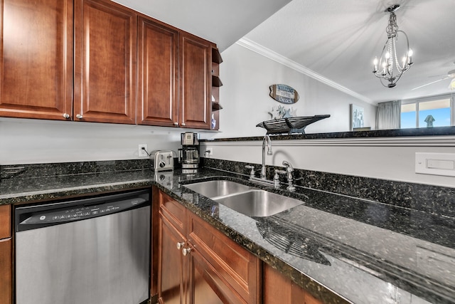1110 Santa Rosa Blvd Unit C601, Fort Walton Beach, FL 32548 - kitchen with pendant lighting, ornamental molding, a sink, stainless steel dishwasher, and dark stone counters
