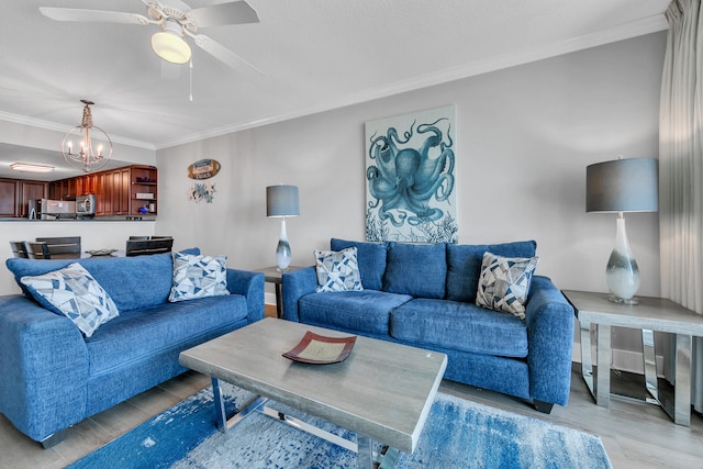 1110 Santa Rosa Blvd Unit C601, Fort Walton Beach, FL 32548 - living area with ceiling fan with notable chandelier, light wood finished floors, and ornamental molding