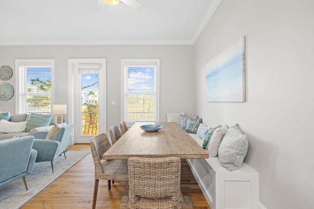 dining area with hardwood / wood-style flooring, ceiling fan, plenty of natural light, and crown molding