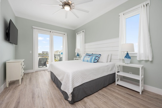 bedroom featuring ceiling fan, access to exterior, and light wood-type flooring