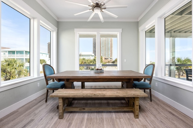 dining room featuring crown molding, light hardwood / wood-style floors, and ceiling fan