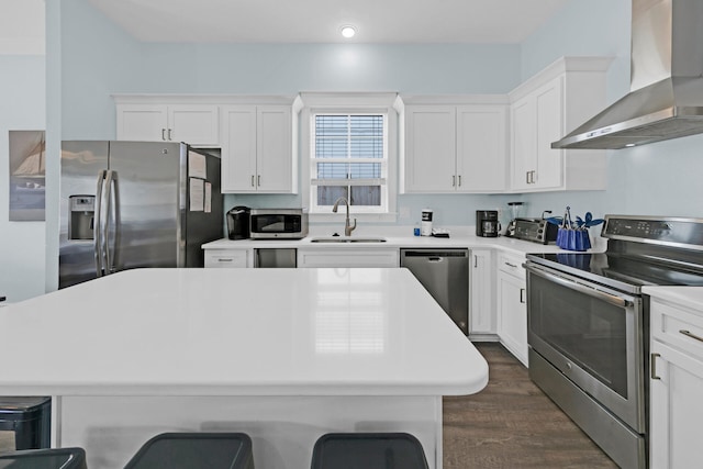 kitchen with white cabinetry, sink, stainless steel appliances, and wall chimney exhaust hood