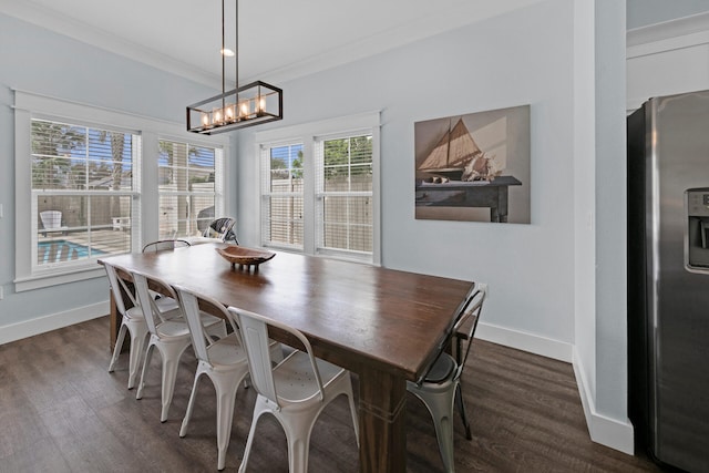 dining area with crown molding and dark hardwood / wood-style flooring