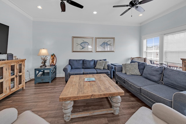 living room with crown molding, dark hardwood / wood-style floors, and ceiling fan