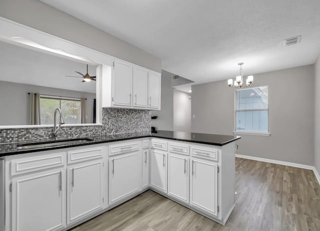 kitchen with decorative backsplash, sink, white cabinets, and kitchen peninsula