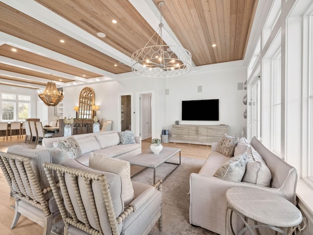 living room with wood ceiling, beam ceiling, hardwood / wood-style floors, and a notable chandelier