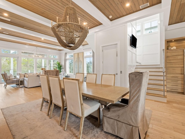 dining room with beam ceiling, light wood-type flooring, wooden ceiling, and a chandelier