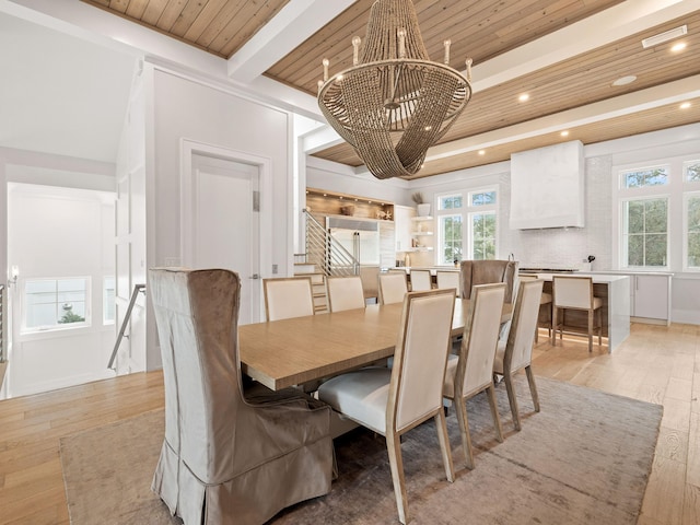 dining room featuring wood ceiling, beam ceiling, a chandelier, and light hardwood / wood-style floors