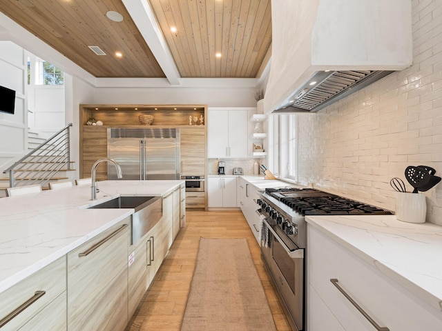 kitchen featuring sink, custom exhaust hood, high end appliances, light stone counters, and wooden ceiling