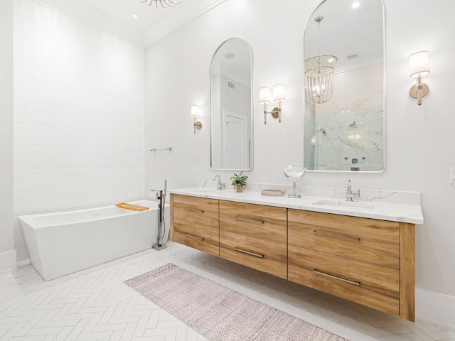 bathroom with vanity, tile patterned floors, ornamental molding, and independent shower and bath