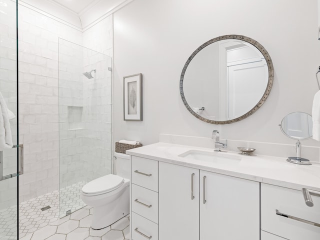 bathroom with vanity, an enclosed shower, tile patterned floors, and toilet