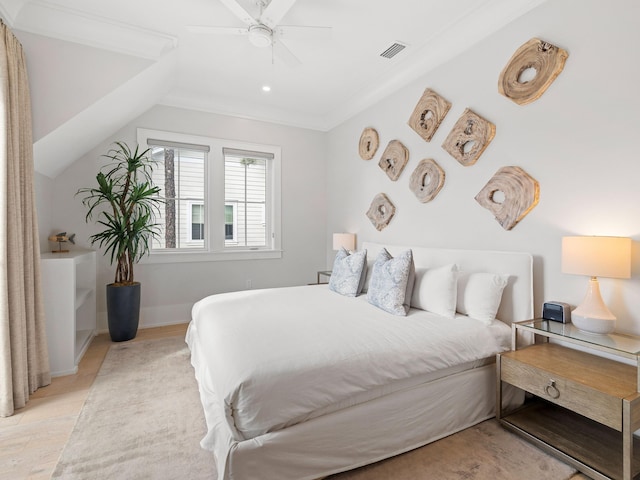 bedroom featuring vaulted ceiling and ceiling fan