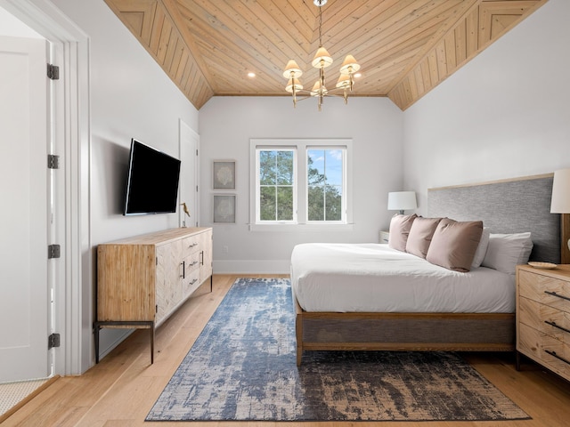 bedroom featuring a notable chandelier, lofted ceiling, wooden ceiling, and light wood-type flooring