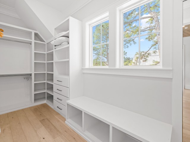 walk in closet with vaulted ceiling and light hardwood / wood-style floors