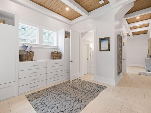 interior space with wooden ceiling and beam ceiling