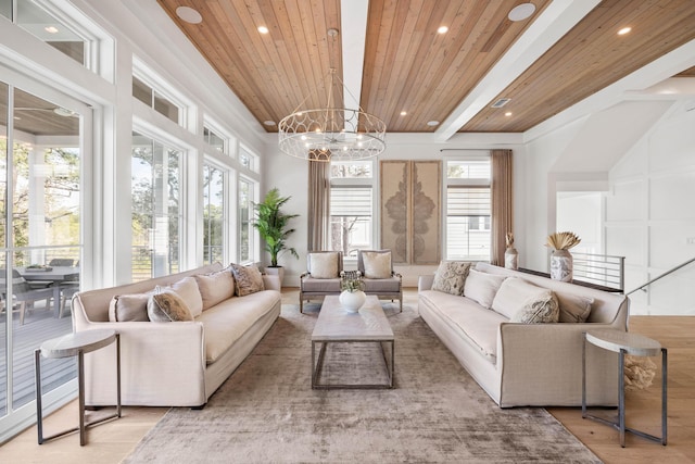 interior space with a notable chandelier, wood-type flooring, wooden ceiling, and a healthy amount of sunlight