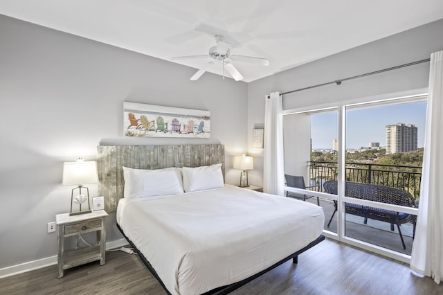 bedroom with ceiling fan, dark hardwood / wood-style flooring, and access to outside