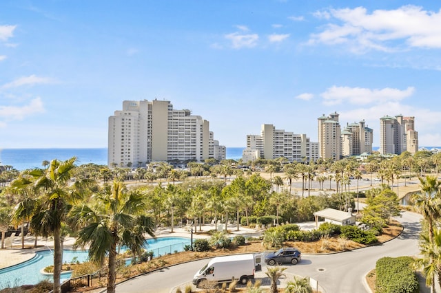 birds eye view of property featuring a water view