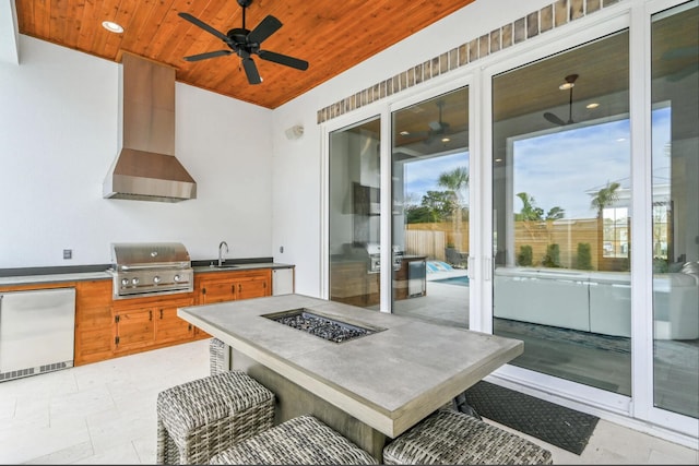 exterior space featuring area for grilling, sink, a fire pit, and ceiling fan