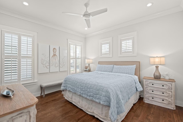 bedroom with crown molding, dark wood-type flooring, and ceiling fan