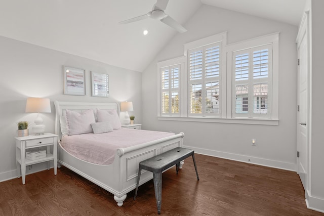 bedroom featuring dark hardwood / wood-style flooring, lofted ceiling, and ceiling fan