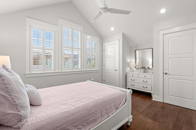 bedroom featuring multiple windows, dark wood-type flooring, lofted ceiling, and ceiling fan