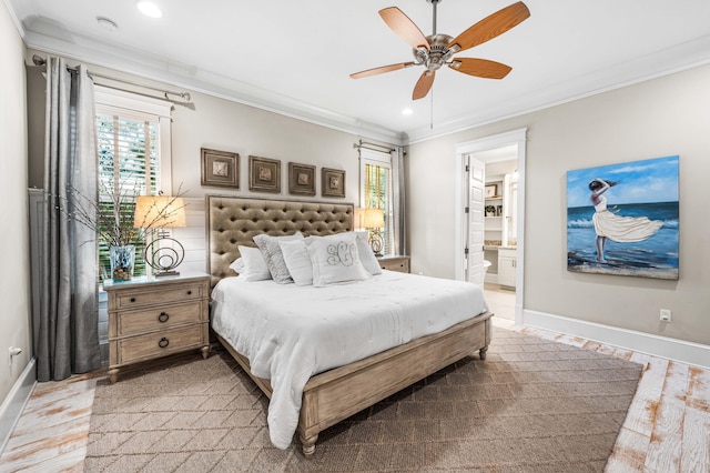 bedroom featuring crown molding, connected bathroom, hardwood / wood-style floors, and multiple windows