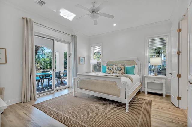 bedroom featuring ornamental molding, access to exterior, ceiling fan, and light hardwood / wood-style flooring