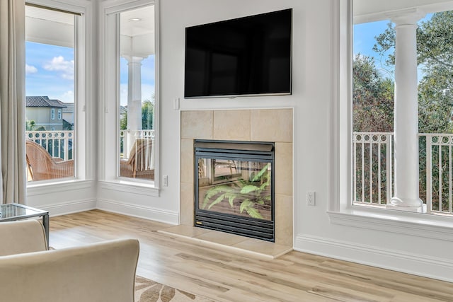 living room featuring wood-type flooring and a fireplace