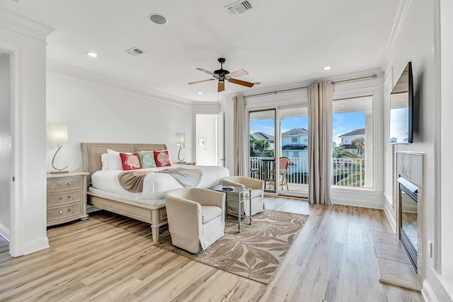 bedroom with access to exterior, ornamental molding, ceiling fan, and light wood-type flooring