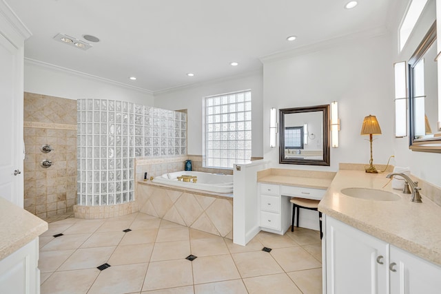 bathroom featuring tile patterned flooring, crown molding, separate shower and tub, and vanity