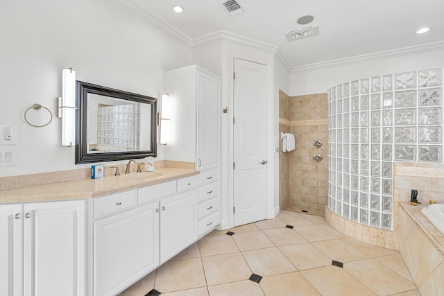 bathroom with vanity, tile patterned floors, ornamental molding, and independent shower and bath